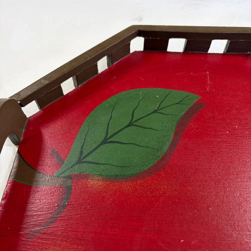 Vintage Red Apple Hand Painted Wooden Serving Tray Cottagecore Philippines Made